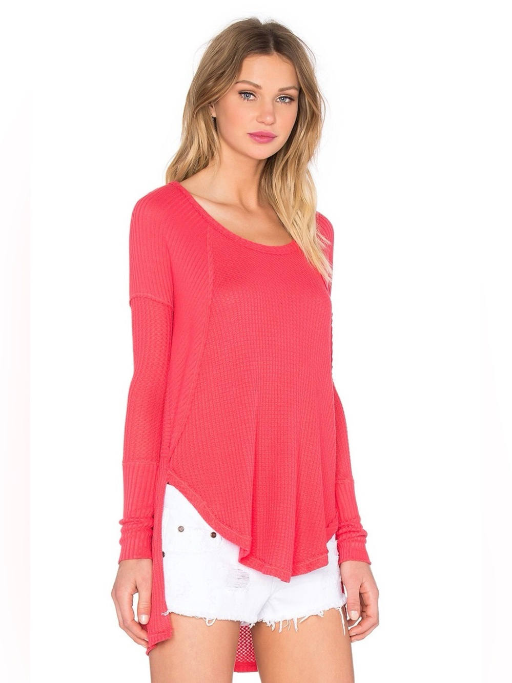 Free People Waffle Knit Thermal Tunic Top Medium Coral Pink Long Sleeve Boho